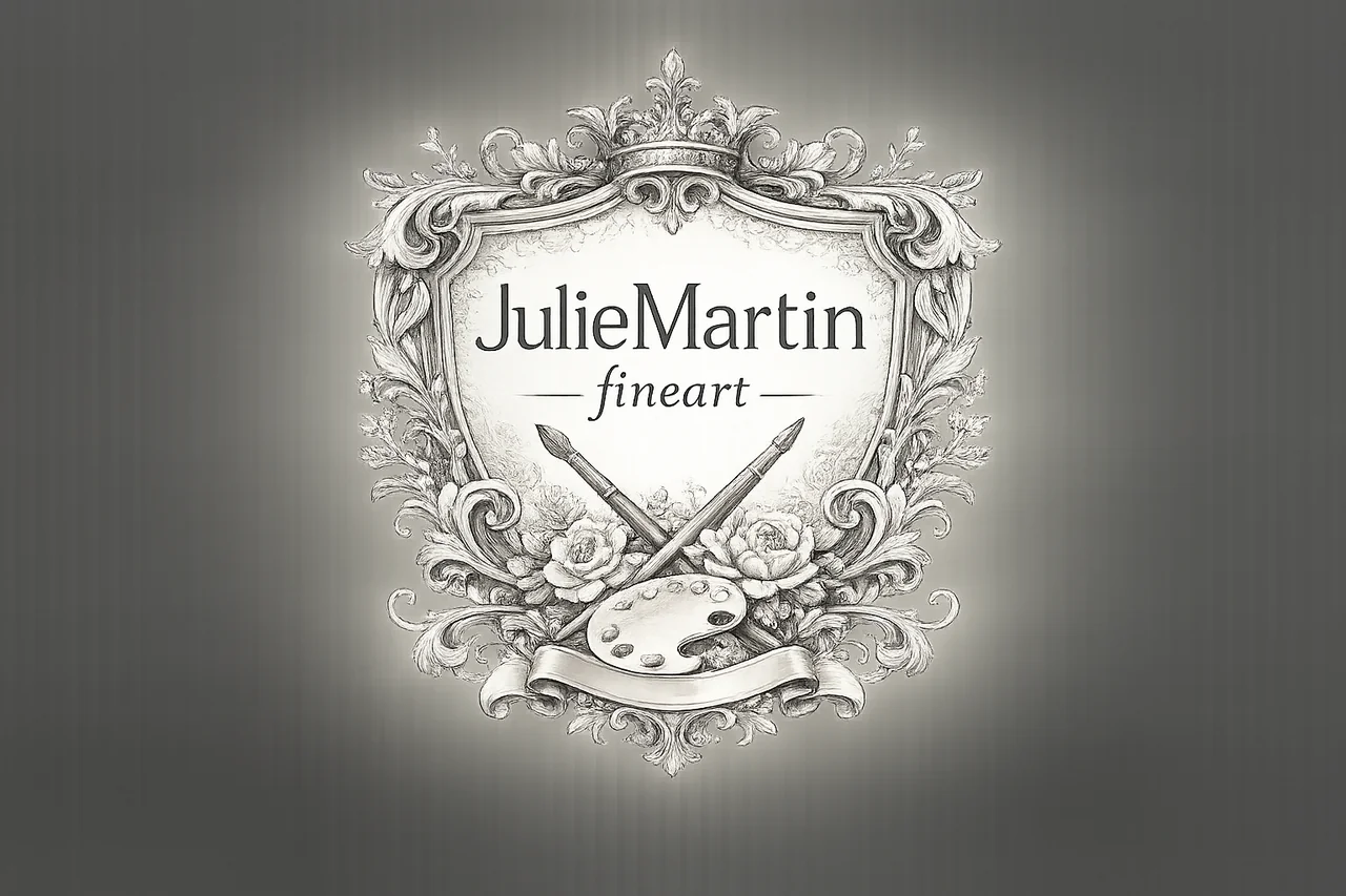 Julie Martin Fine Art crest, with an ornate botanical frame, artist brushes and a palette